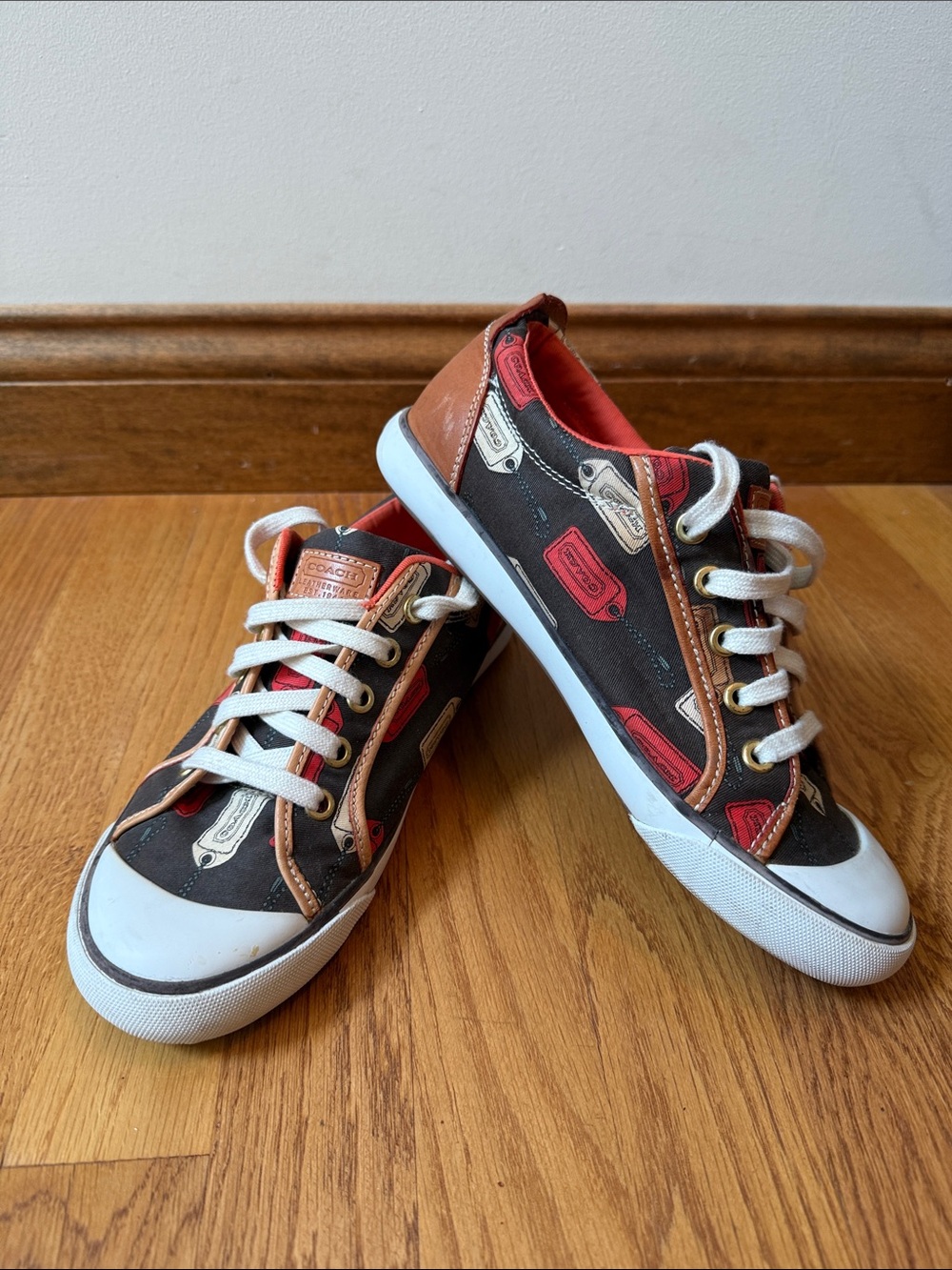 COACH Barrett Hangtag Print Sneakers Women 8M Brown Orange Canvas Leather A1064